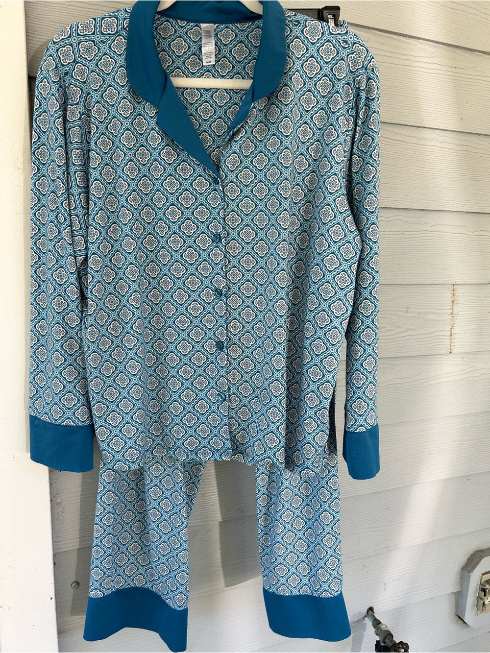 Flora Nikrooz Pajama Set M Blue Geometric Button Up Top Pants 2pc PJ Sleep Cozy